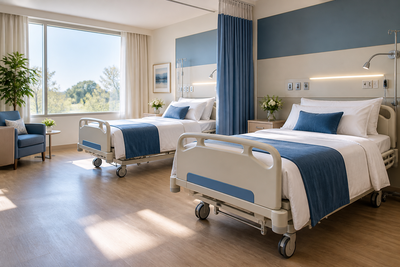 Illustrative recovery room with hospital beds and soft natural light